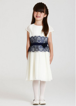 Cap Sleeves Ivory Chiffon Navy Blue Lace Trim Flower Girl Dress